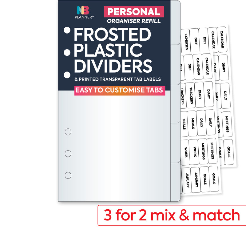 Frosted plastic dividers Compatible: Filofax Personal 6-ring organisers, WHSmith small organisers, Kikki K and other similar binders.
