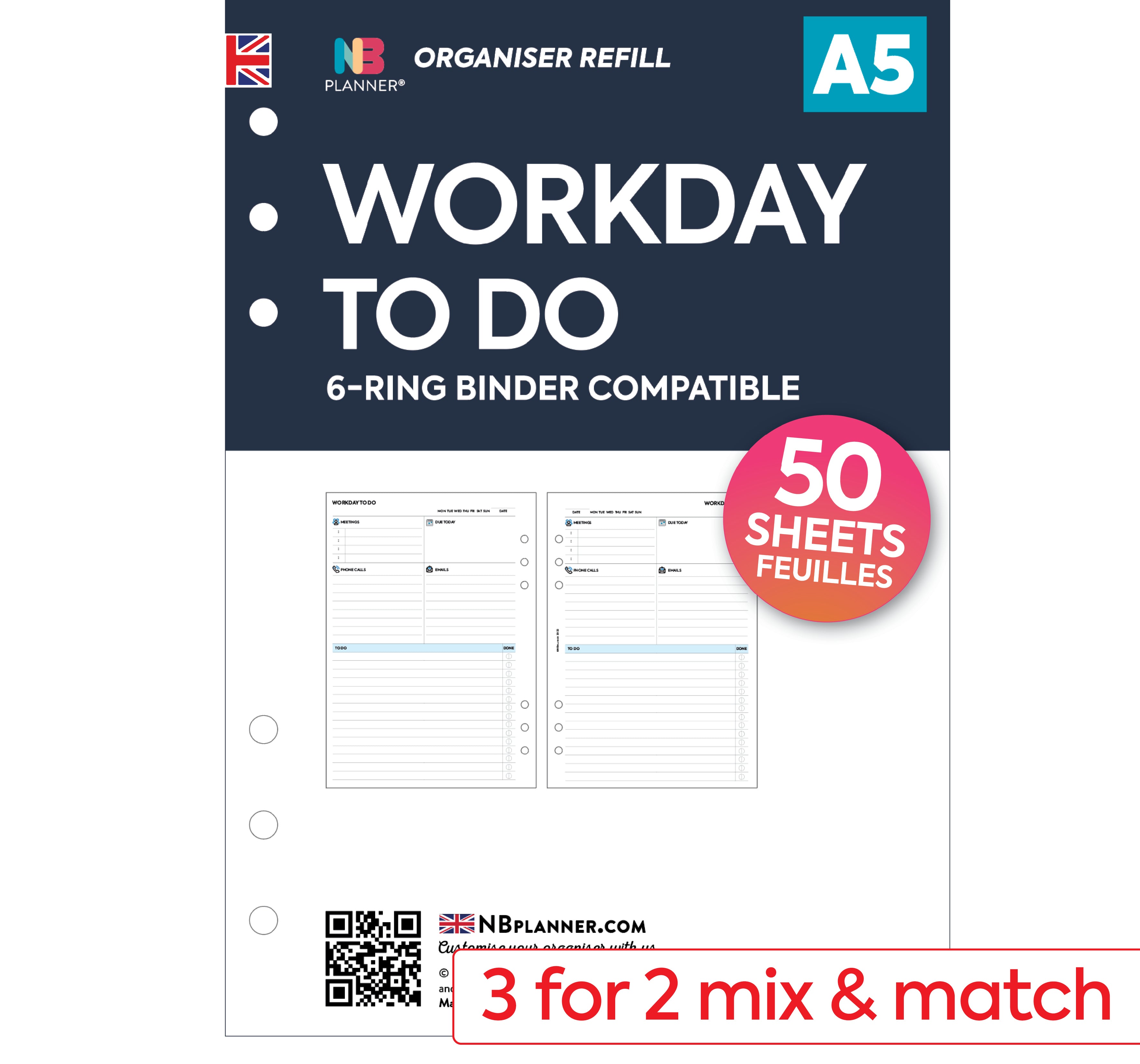 A5 size Workday to do daily organiser refill Classic collection