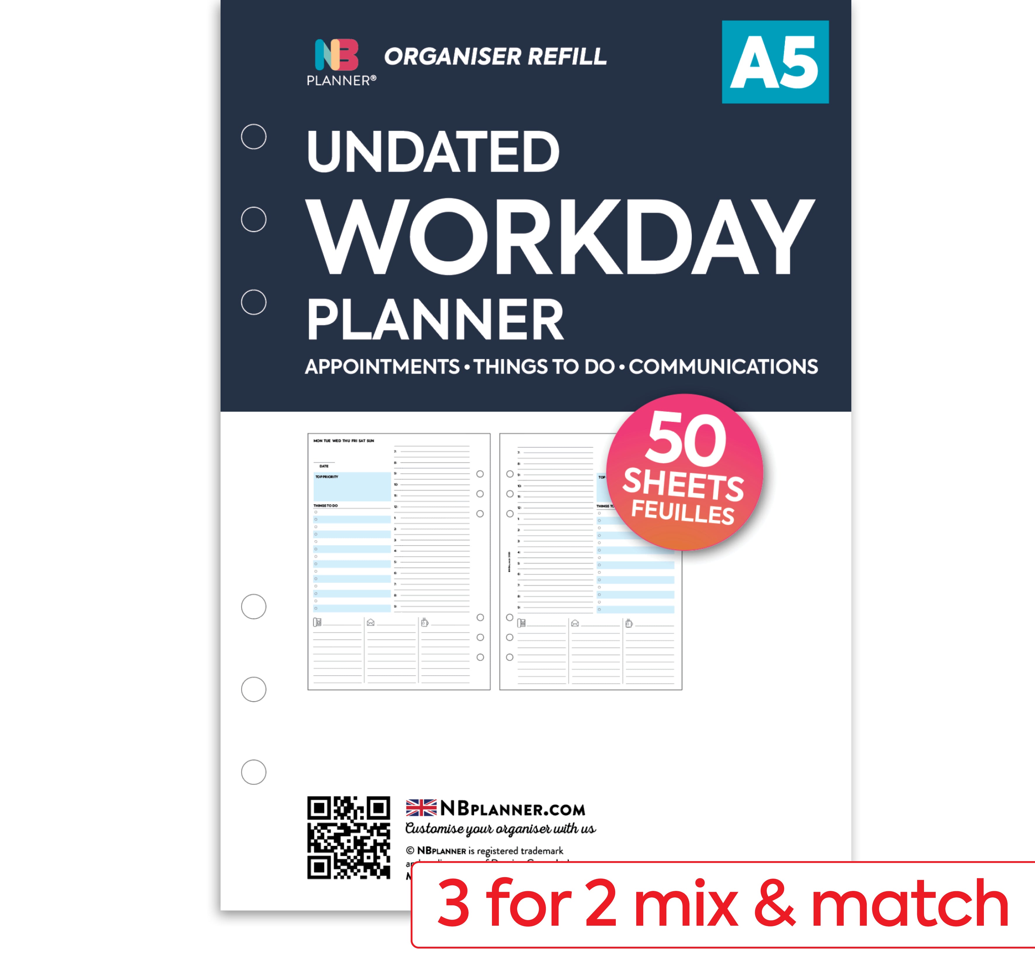 A5 size Undated workday planner organiser refill Classic collection