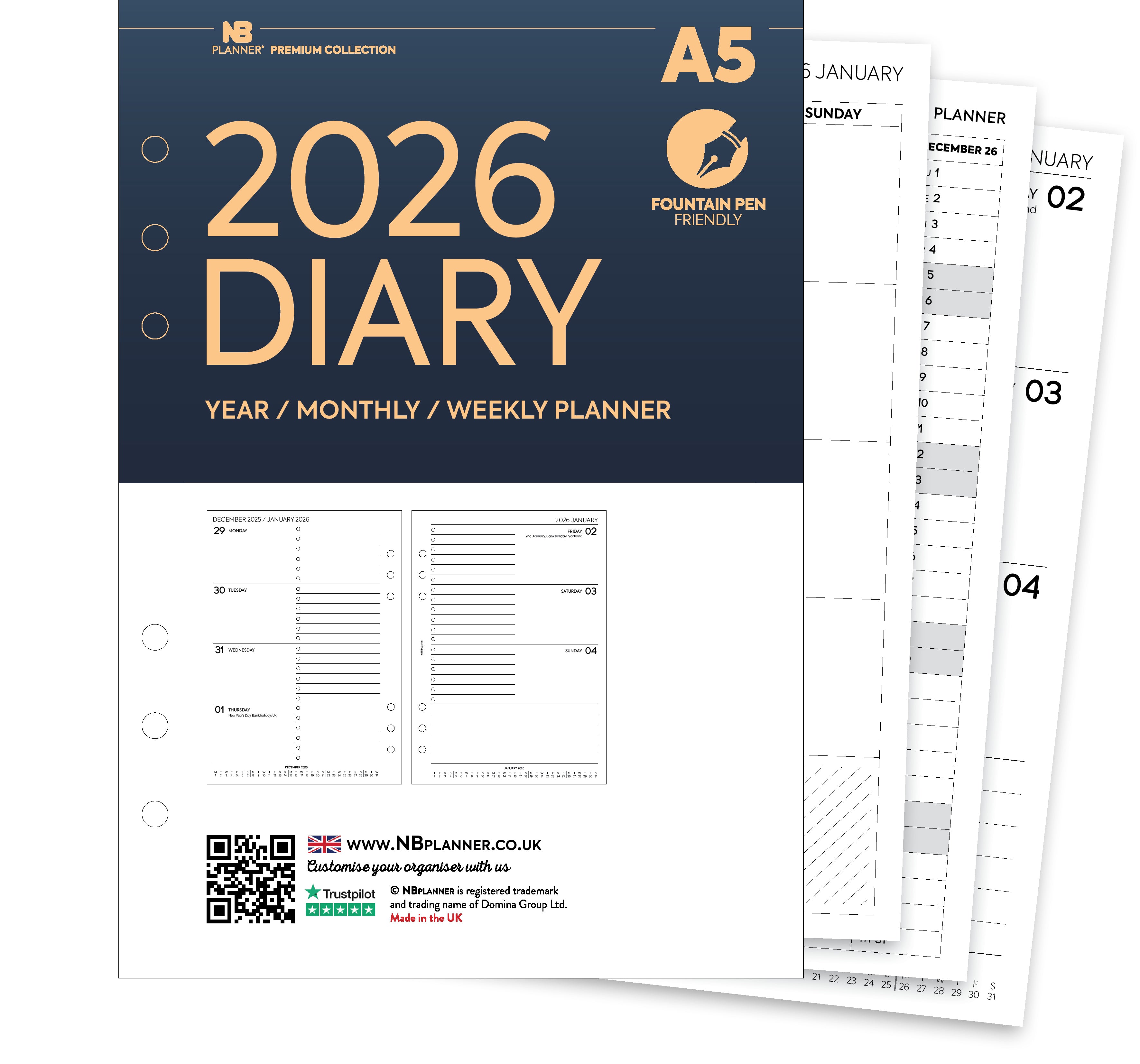 2026 A5 size Week On Two Pages Diary organiser refill Fountain pen f