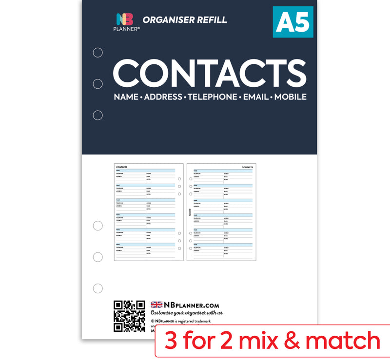 A5 Filofax compatible printed organiser refill insert