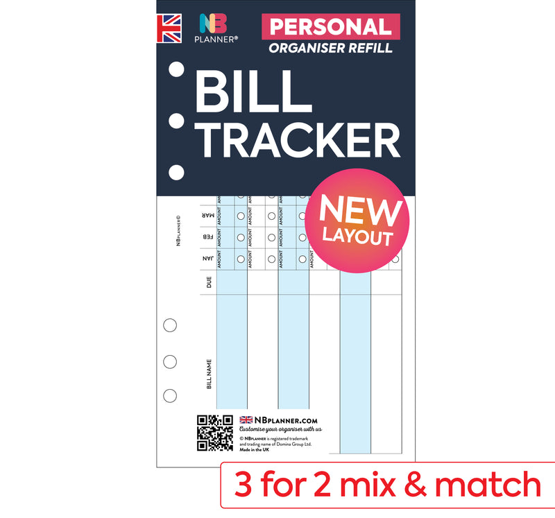 Personal size organiser refill bill tracker. Compatible: Filofax Personal 6-ring organisers, WHSmith small organisers, Kikki K  and other similar binders.