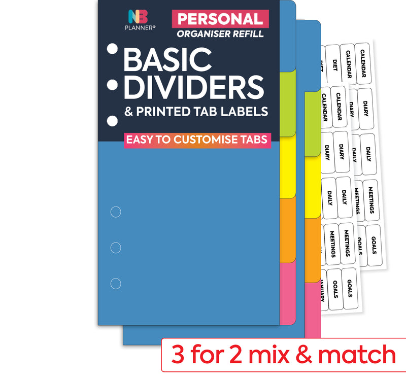 Dividers personal organiser refill insert. Compatible: Filofax Personal 6-ring organisers, WHSmith small organisers, Kikki K  and other similar binders.