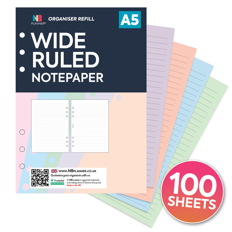 Value pack 100 sheets lined ruled notepaper organiser refill insert. Filofax A5 compatible
