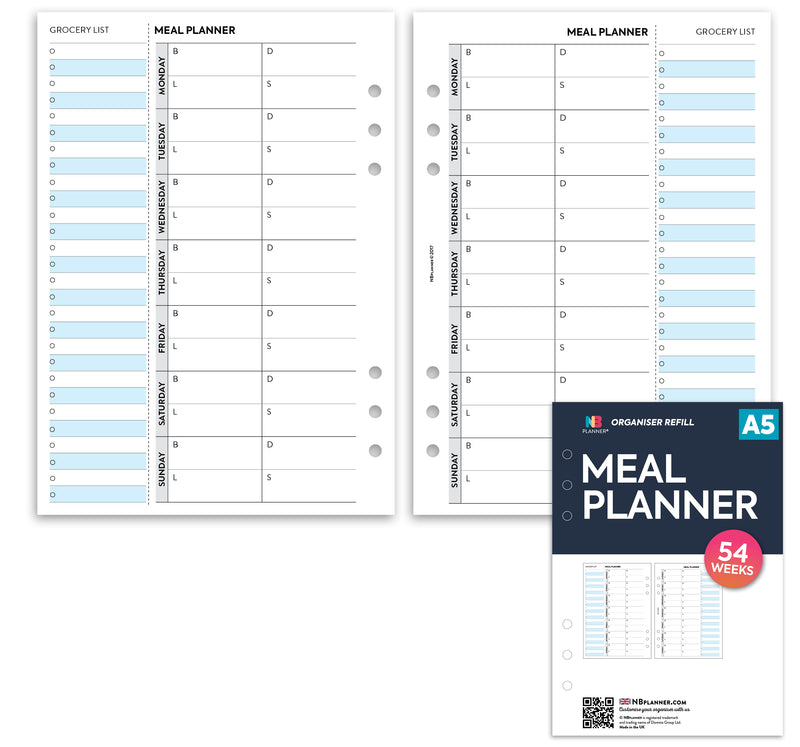 A5 size Meal planner organiser refill | Classic collection