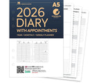 2026 A5 size Week On Two Pages Diary with Appointments organiser refill | Fountain pen friendly