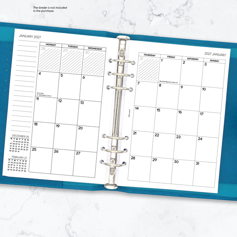 2027 A5 size month on two pages diary refill insert | Filofax A5 COMPATIBLE | 148 x 210mm
