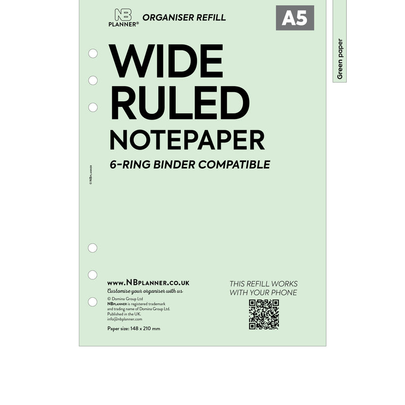 A5 size wide ruled notepaper organiser refill | Coloured paper