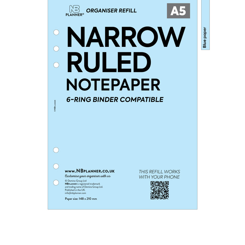 A5 size narrow ruled notepaper organiser refill | Coloured paper