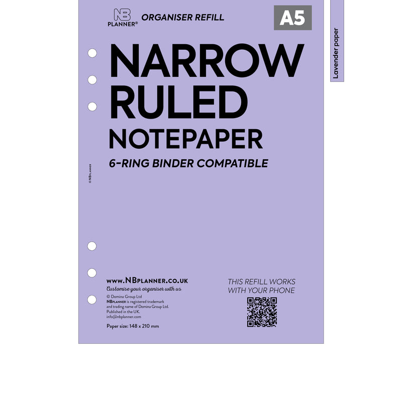 A5 size narrow ruled notepaper organiser refill | Coloured paper
