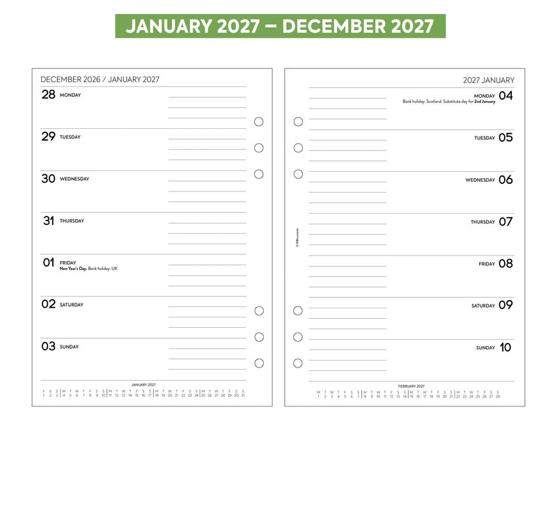 2027 A5 size week on one page diary refill insert | Filofax A5 COMPATIBLE | 148 x 210mm
