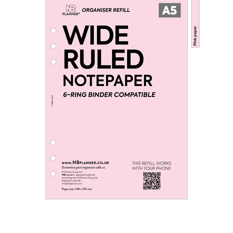 A5 size wide ruled notepaper organiser refill | Coloured paper