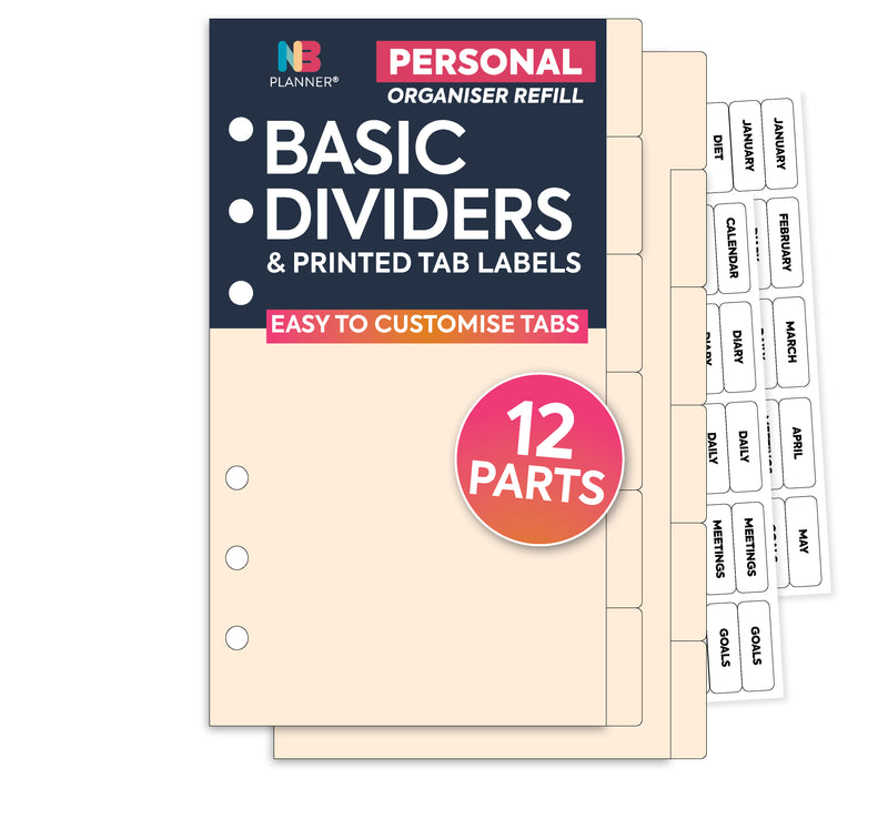 Personal size 12-part ivory cardstock dividers & clear tab labels