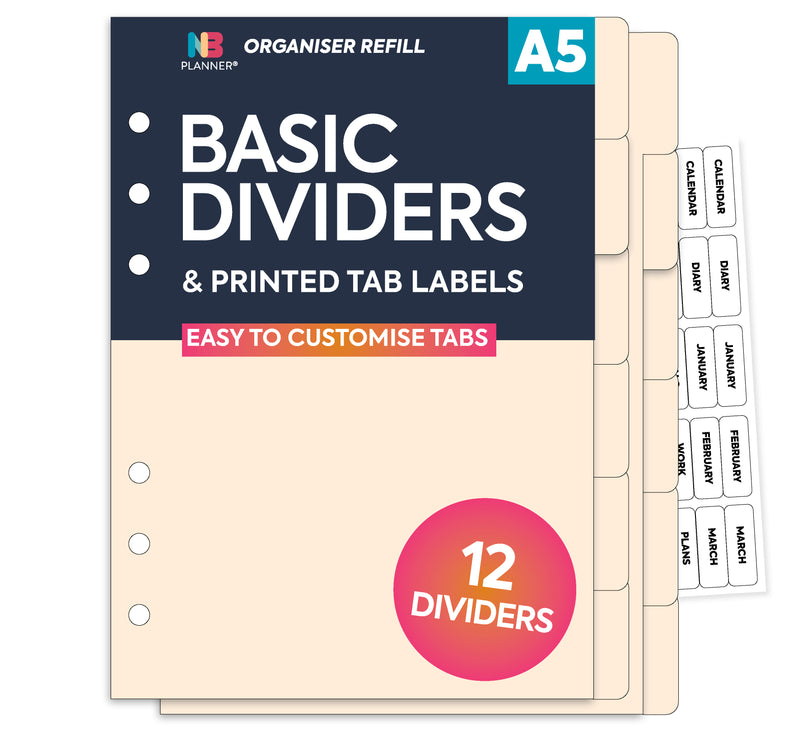 Filofax A5 size compatible 12-part ivory card organiser dividers  and preprinted adhesive clear tab labels