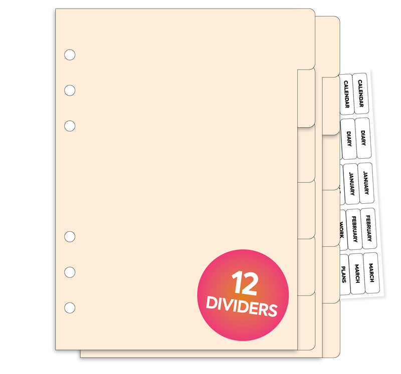 A5 size 12-part cardstock ivory dividers & clear tabs labels organiser refill