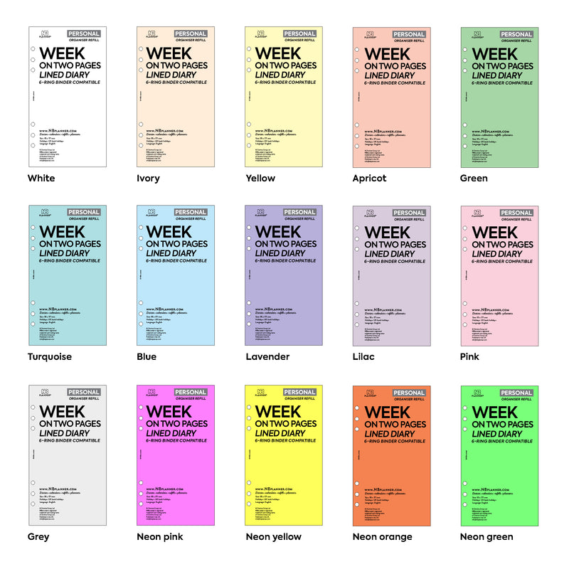 Personal size Week on two pages lined diary organiser refill | Coloured paper