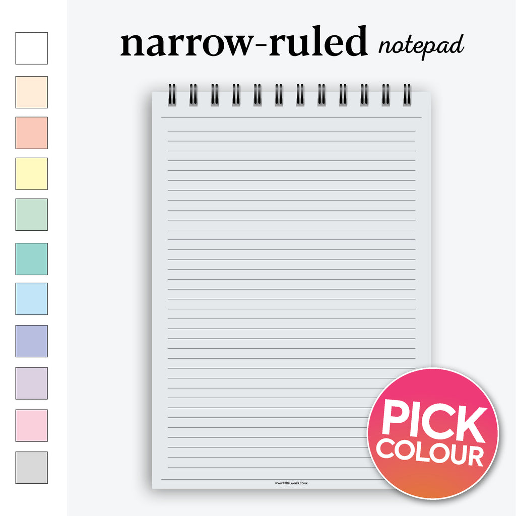 A5 narrow-ruled notepad | Spiral desk pad | Coloured and white paper