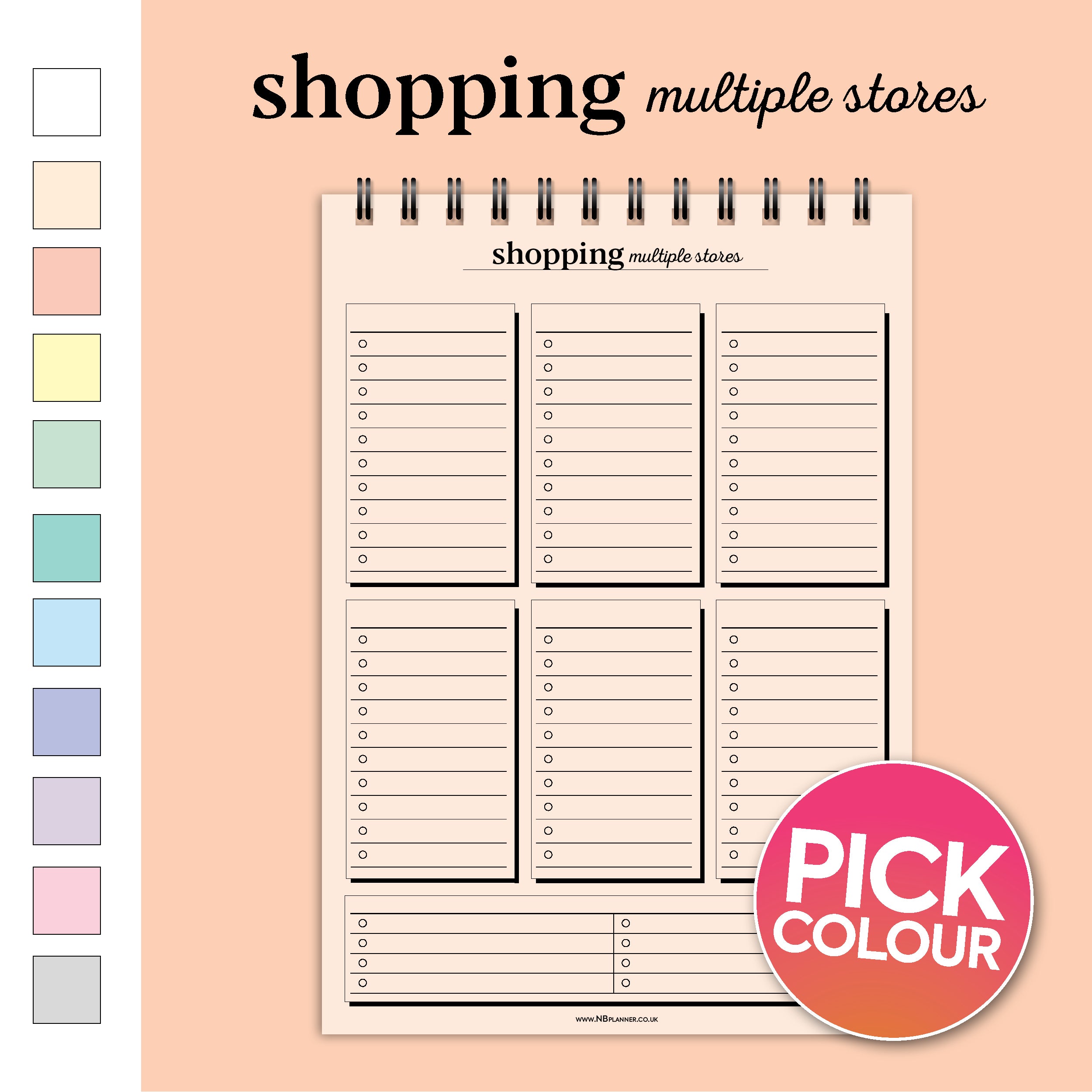 A5 multiple stores shopping list notepad | Spiral desk pad | Coloured