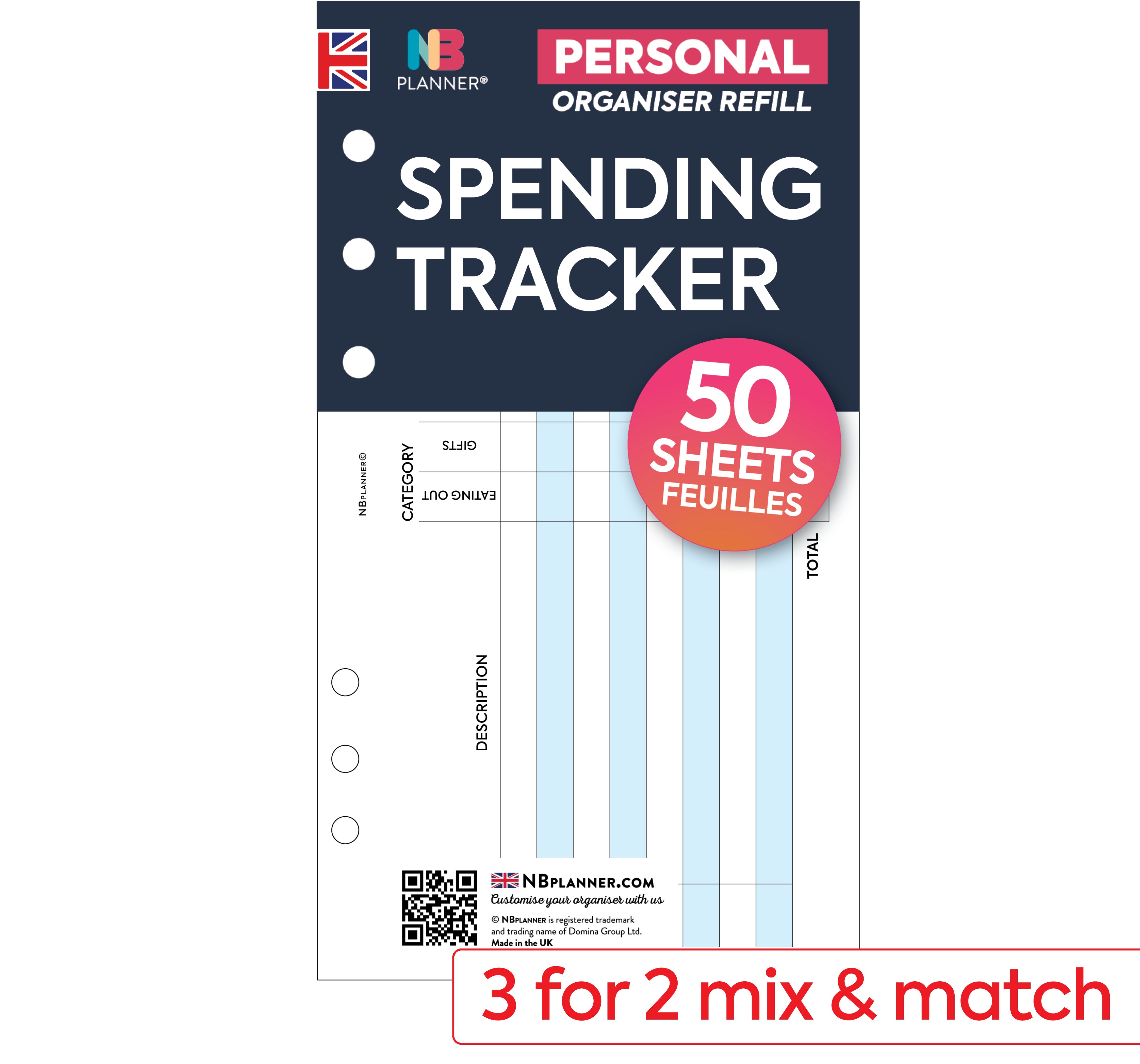 Personal size Spending tracker organiser refill Classic collection
