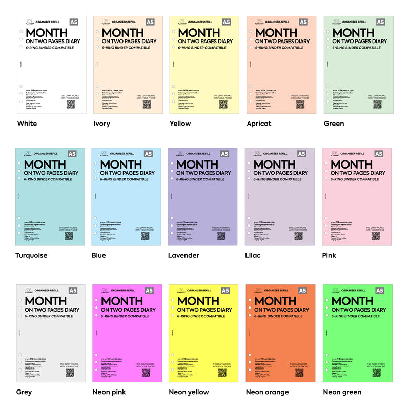 A5 size Month on two pages diary organiser refill | Coloured paper