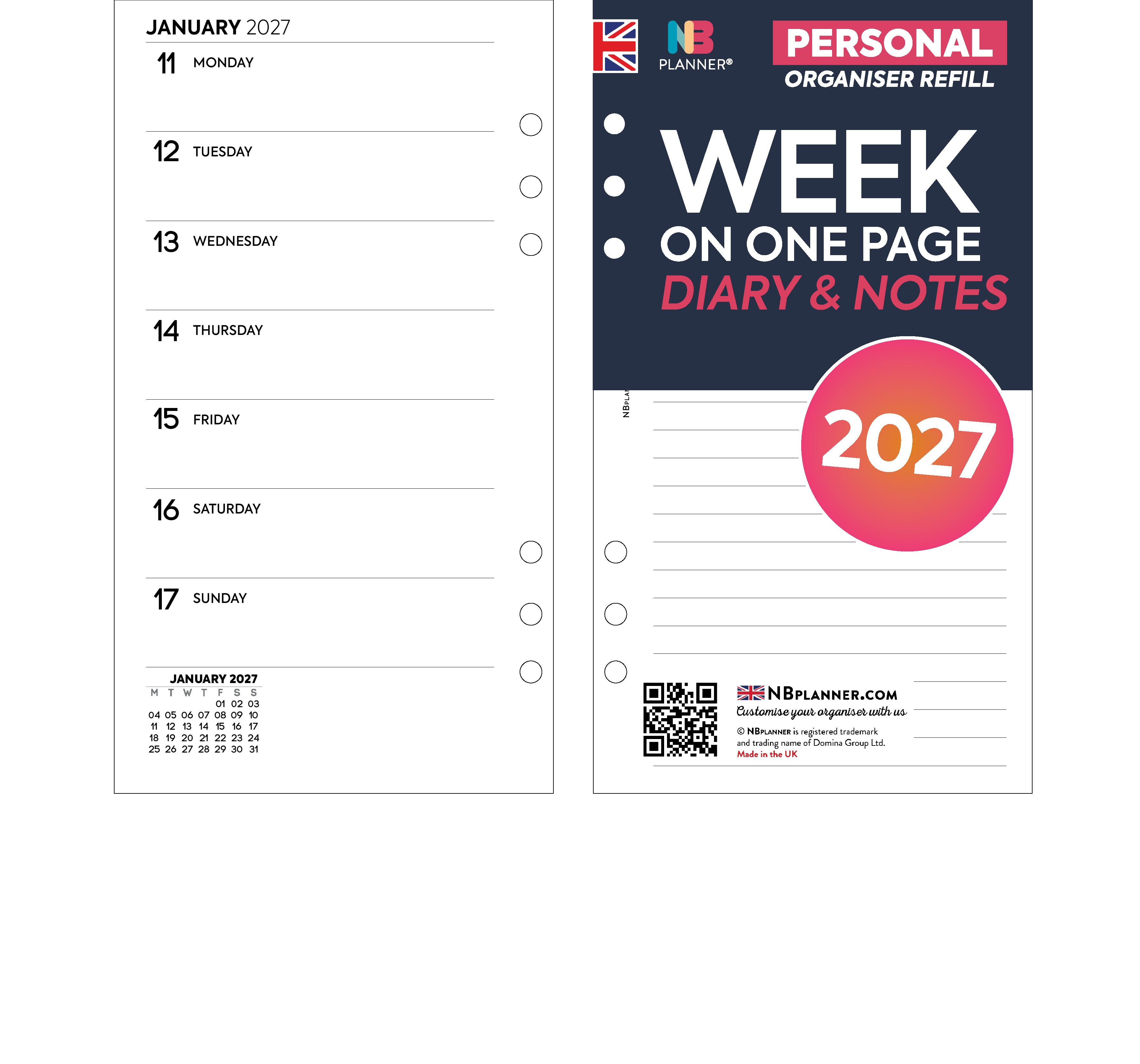 2027 Week on one page diary & lined notes organiser refill insert whit