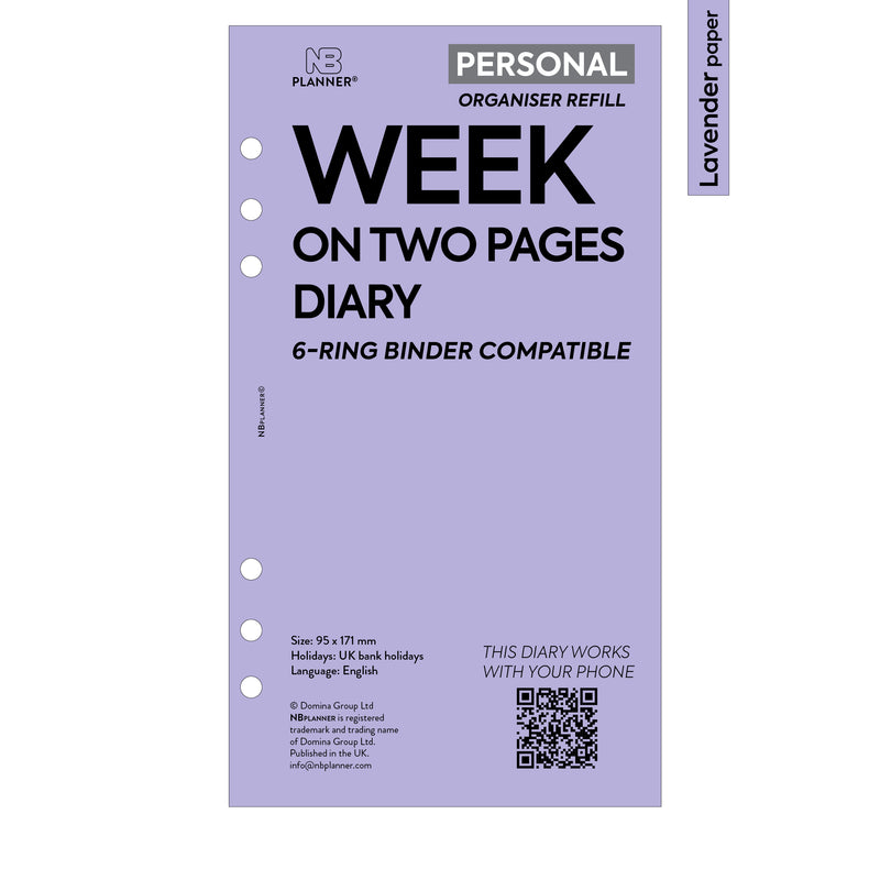 Personal size Week on two pages diary organiser refill | Coloured paper