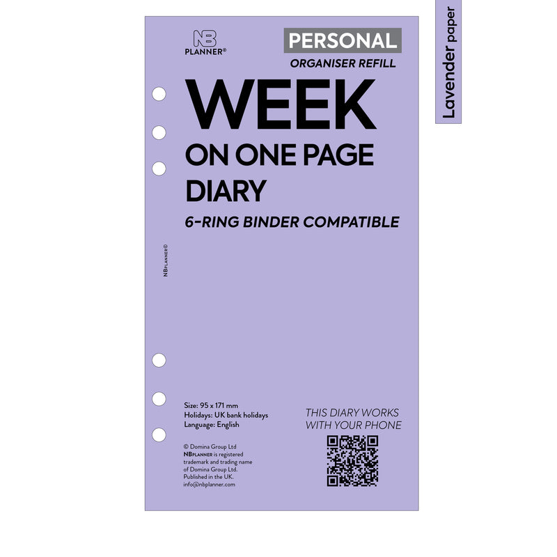 Personal size Week on one page diary organiser refill | Coloured paper