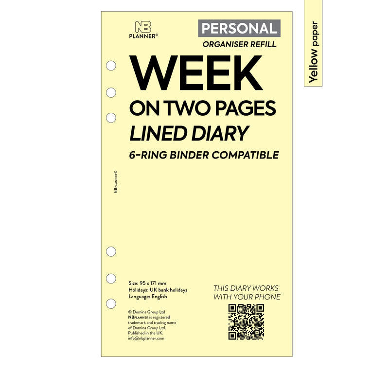 Personal size Week on two pages lined diary organiser refill | Coloured paper