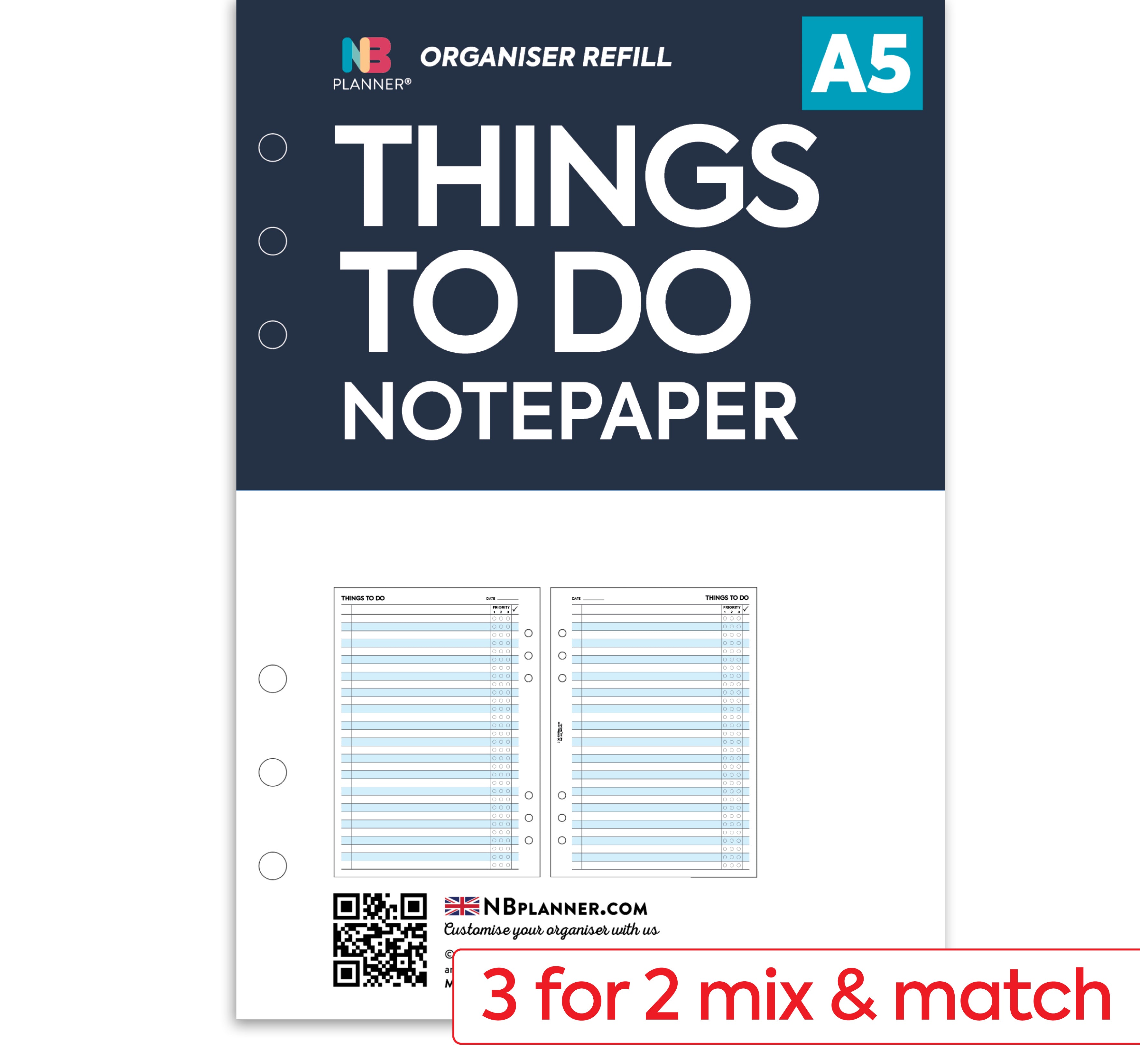 A5 size Things to do notepaper organiser refill Classic collection