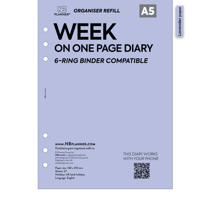 A5 size Week on one page diary organiser refill | Coloured paper