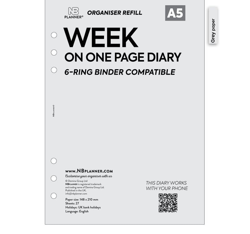 A5 size Week on one page diary organiser refill | Coloured paper