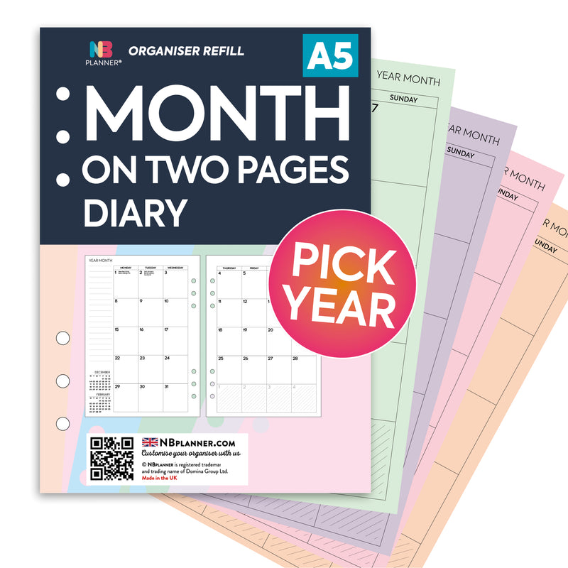Filofax A5 compatible Month on two pages diary refill coloured paper