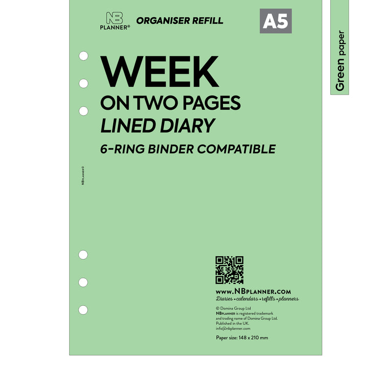 A5 size Week on two pages lined diary organiser refill | Coloured paper