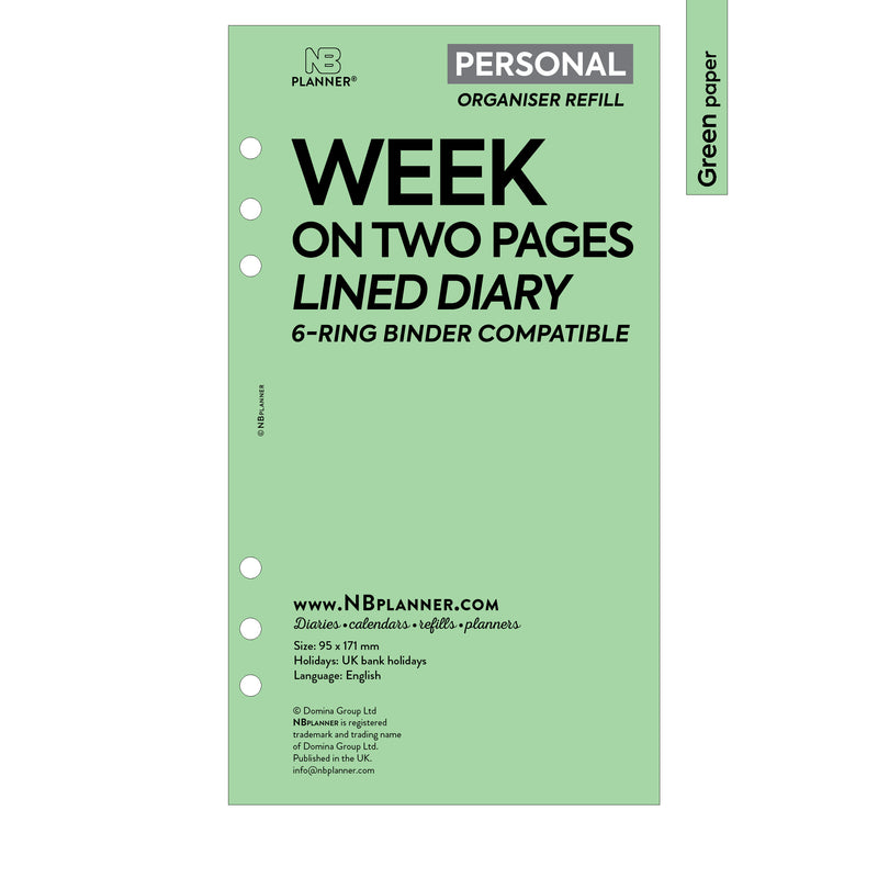 Personal size Week on two pages lined diary organiser refill | Coloured paper