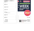 2027 Week on one page diary organiser refill insert  Compatible with Filofax PERSONAL size 95 x 171mm