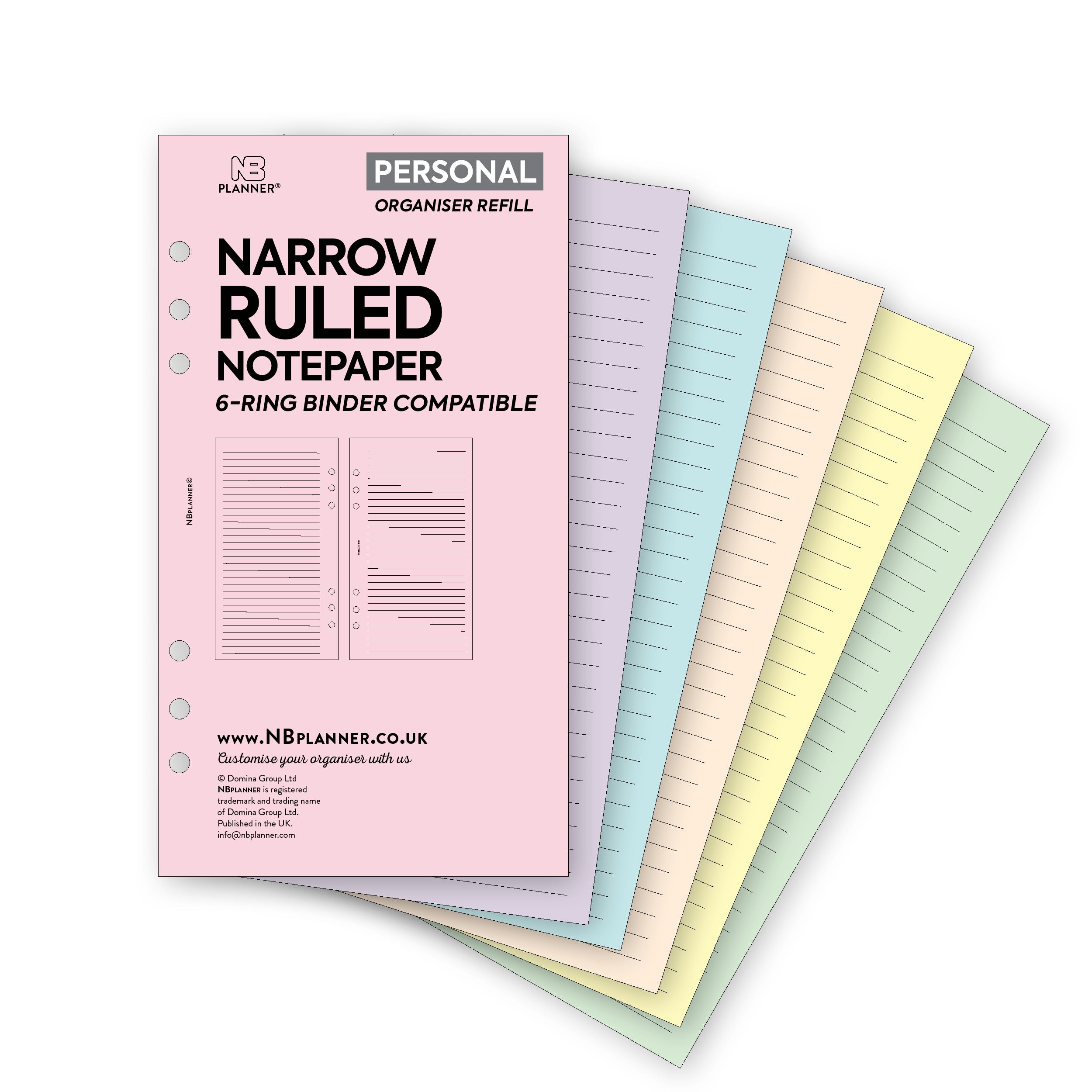 Personal size Narrow ruled notepaper organiser refill | Coloured paper