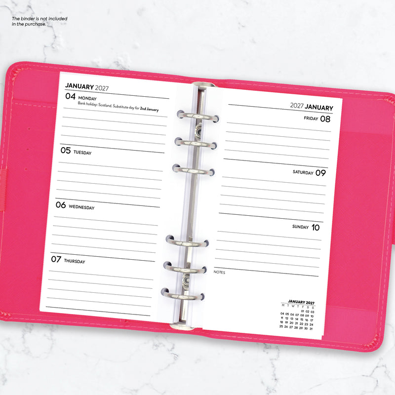 2027 Week on two pages lined diary organiser refill insert white | UK holidays | Filofax PERSONAL size COMPATIBLE | 95 x 171mm