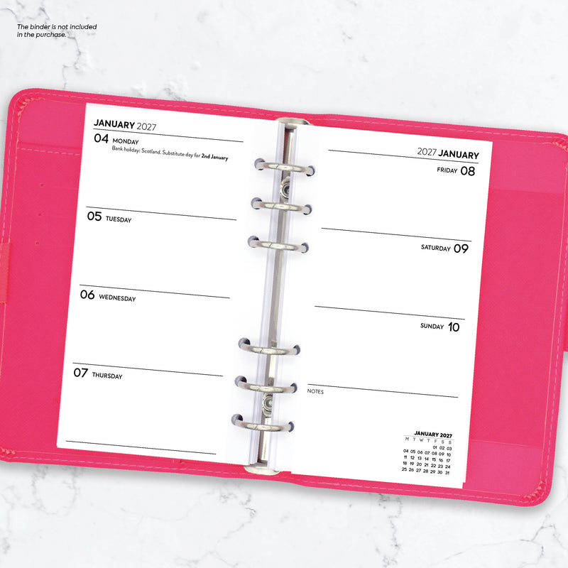 2027 Week on two pages diary organiser refill insert white | UK holidays | Filofax PERSONAL size COMPATIBLE | 95 x 171mm