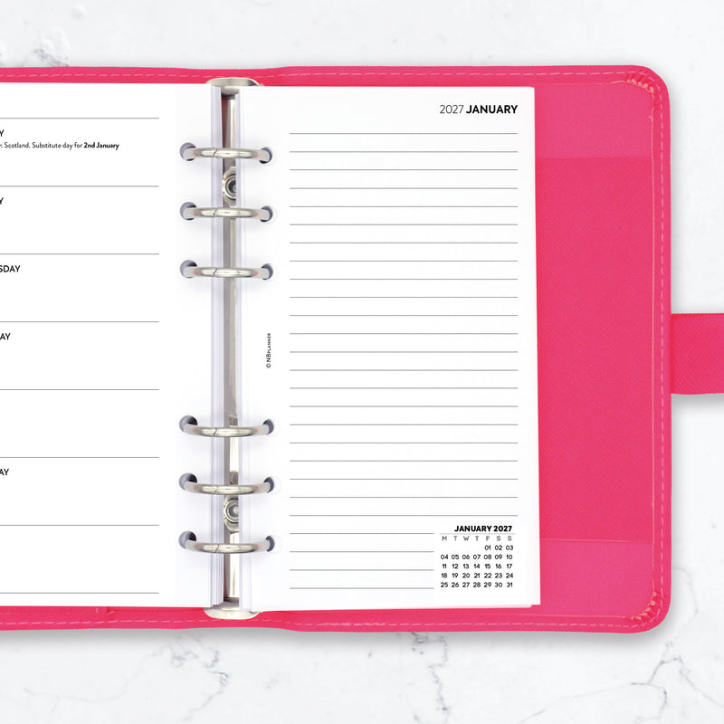 2027 Week on one page diary & lined notes organiser refill insert white | UK holidays | Filofax PERSONAL size COMPATIBLE | 95 x 171mm