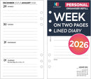 2026 Personal size week on two pages diary organiser refill lined white | UK holidays | Filofax Personal size compatible | 95 x 171 mm