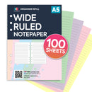 100 sheets A5 size wide-ruled coloured notepaper organiser refill pastel assorted