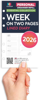 2026 Personal size week on two pages diary organiser refill lined white | UK holidays | Filofax Personal size compatible | 95 x 171 mm