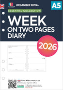 2026 A5 size week on two pages organiser diary refill insert Filofax A5 COMPATIBLE | English | UK holidays