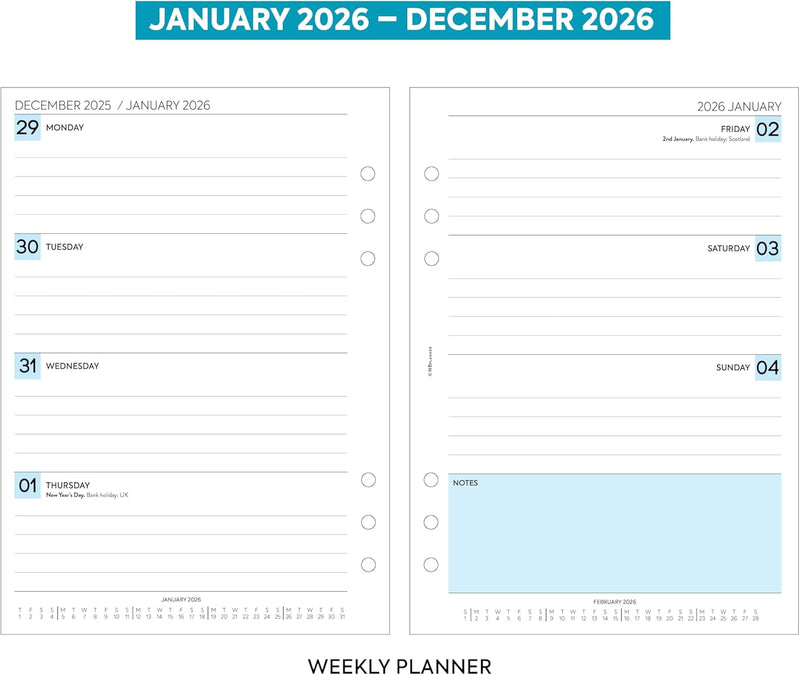 2026 A5 size Week on two pages lined diary organiser refill insert | Filofax A5 COMPATIBLE | Monthly/Weekly | UK holidays