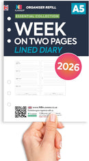 2026 A5 size week on two pages lined organiser diary refill insert Filofax A5 COMPATIBLE | English | UK holidays