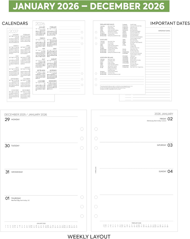 2026 A5 size week on two pages organiser diary refill insert Filofax A5 COMPATIBLE | English | UK holidays