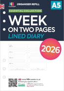 2026 A5 size week on two pages lined organiser diary refill insert Filofax A5 COMPATIBLE | English | UK holidays