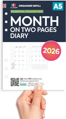 2026 A5 size month on two pages organiser diary refill insert Filofax A5 COMPATIBLE | English | UK holidays