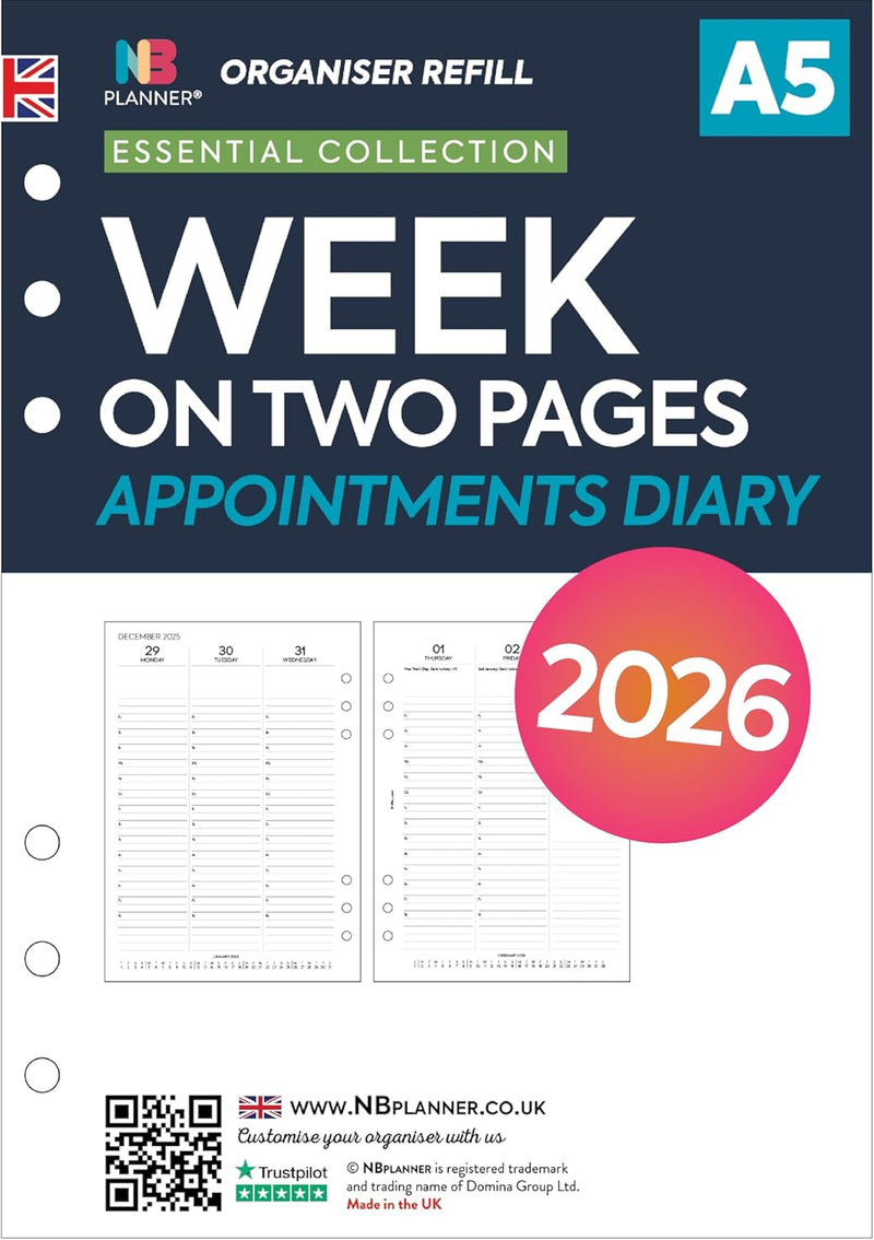 2026 A5 size appointments diary refill insert Filofax A5 COMPATIBLE | English | UK holidays
