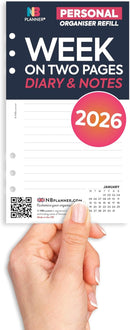 2026 Week on one page diary & lined notes organiser refill insert white | UK holidays | Filofax PERSONAL size COMPATIBLE | 95 x 171mm